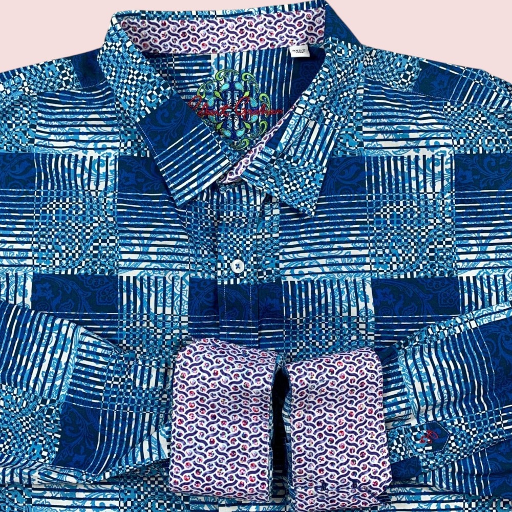 Robert Graham Shirt Men 3XLT Blue Abstract Plaid Patchwork Flip Cuff Long Sleeve